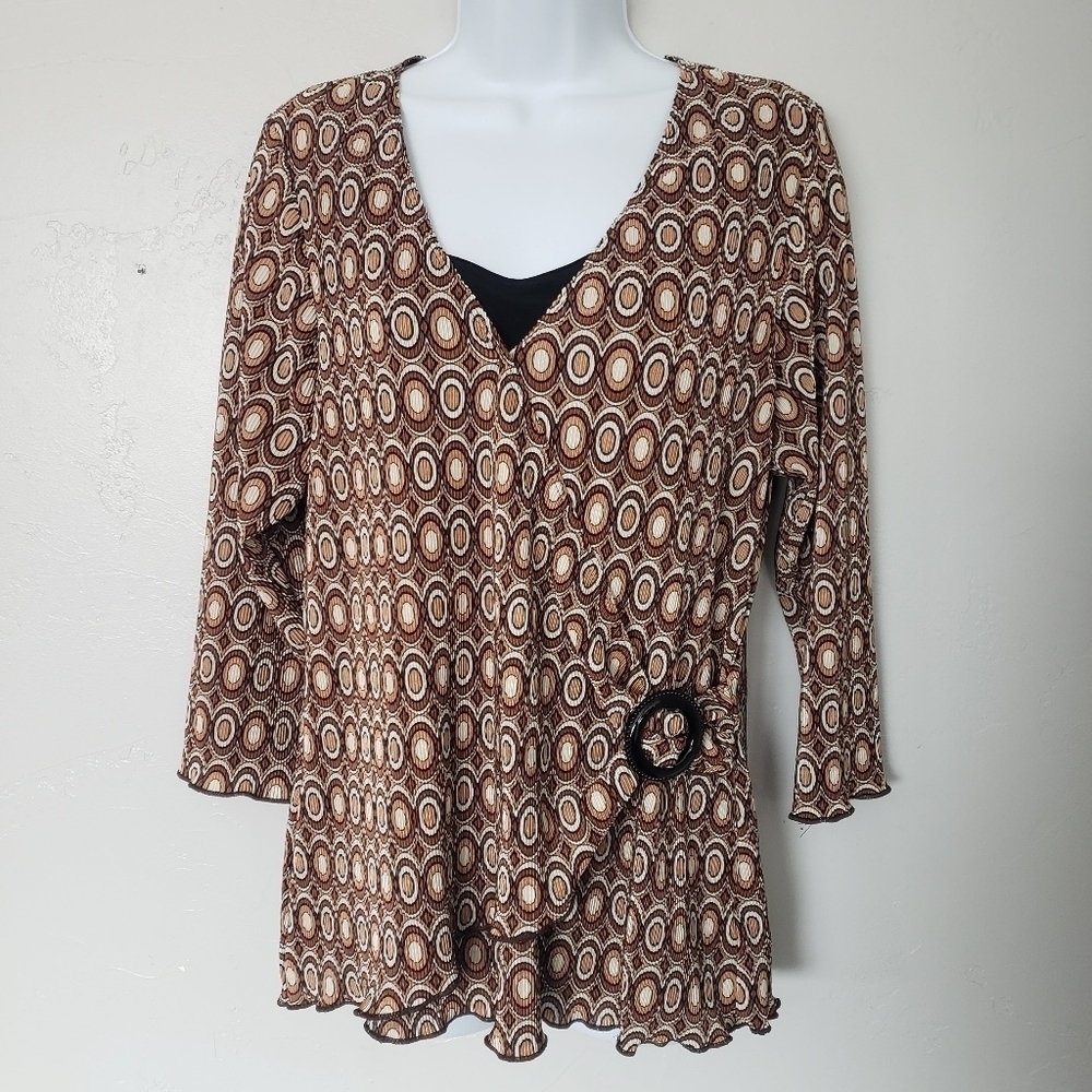 Retro Brown Circle Pleated Quarter Sleeve Blouse White Black Faux Wrap Top Shirt